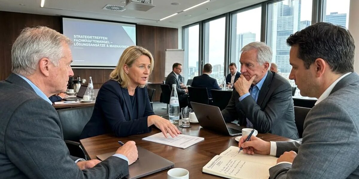 Vorstand im Unternehmens-Konferenzraum bespricht Fachkräftemangel-Strategien